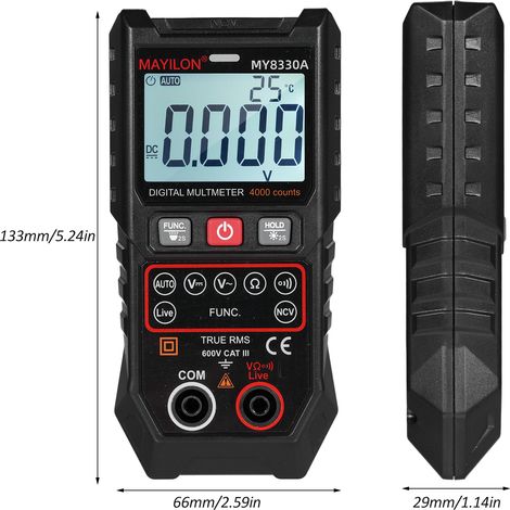 Multimètre numérique points TRMS, gamme auto/manuelle. Mesure tension AC/DC, résistance, test continuité, détection NCV sans contact. Écran LCD rétroéclairé et fonction maintien des données (1/5)