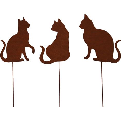 Sollbry Juego de 3 estacas de jardín con forma de gato - Decoración de jardín con aspecto oxidado - Estaca de metal oxidado - Decoración para jardín, patio y balcón (1/5)
