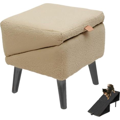 2 in 1 Wooden Convertible Stool – Dog Ramp Foldable Bed Ramp – Anti Slip Couch Ramp Ottoman for Injured Dogs Cats – Khaki Cotton Linen (1/5)