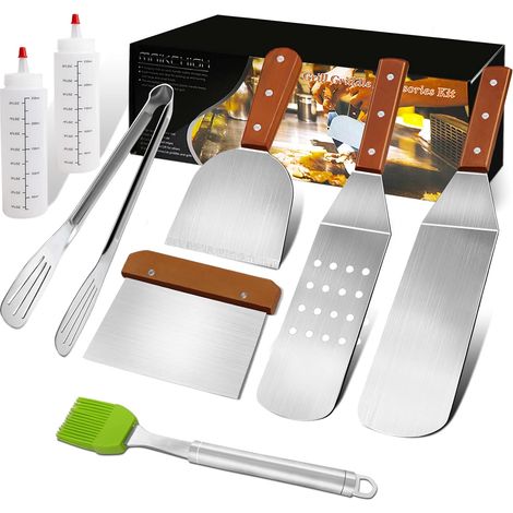 Spatule Plancha Accessoires Set,8Pcs INOX Ustensiles Barbecue Kit BBQ Plaque Teppanyaki Outils pour Griller, Cuisson à Plat, Crêpe, Camping Cadeau (1/5)