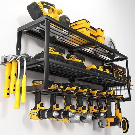 Etagère murale outils pliable 3 niveaux en fer Rangement perceuses et outils électriques, support de rangement multi-compartiments 35×22×15,5 cm, adapté garage, atelier et établi de bricolage (1/5)