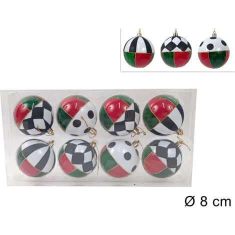 PALLE 8CM 8PEZZI ASSORTITI ROSSO/VERDE CON DECORO SCACCHI IN BOX PVC