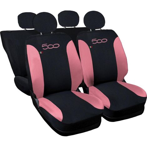 Lupex shop - Coprisedili Auto Compatibili per 500, Made In Italy, set di copri sedili anteriori e posteriori con copri poggiatesta incluso, New, tessuto poliestere, Nero - Rosa
