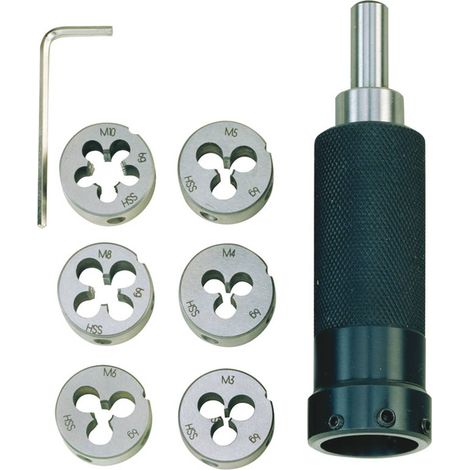 Proxxon – Porte-filière avec 6 filières M 3 - 10 – Manchon de serrage Ø 10 mm – Pour filetage extérieur – Boîte en bois incluse