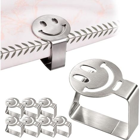 Pince Nappe Lot de 8 Pince Nappe Exterieur INOX 304 Antirouille Fixation Forte Antidérapante Réutilisable Design Smiley pour Table Bois Verre Métal Camping Jardin Terrasse Cuisine (1/5)