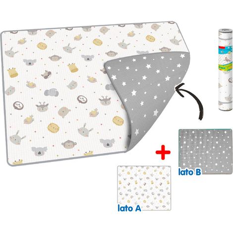 Tappeto Morbido per Bambini 200x150 cm Arrotolabile Doppia Grafica Animali e Stelline Multicolore (1/3)