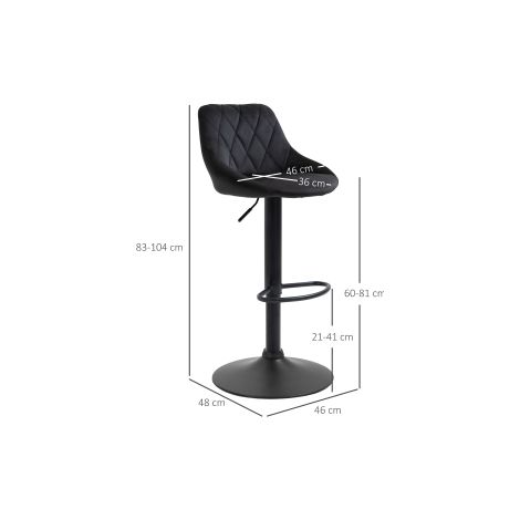 Tabouret de bar lot de 2, réglable en hauteur, Noir, tabouret de bistrot avec repose-pied & dossier en velours & métal 46x48x83-104cm (1/5)
