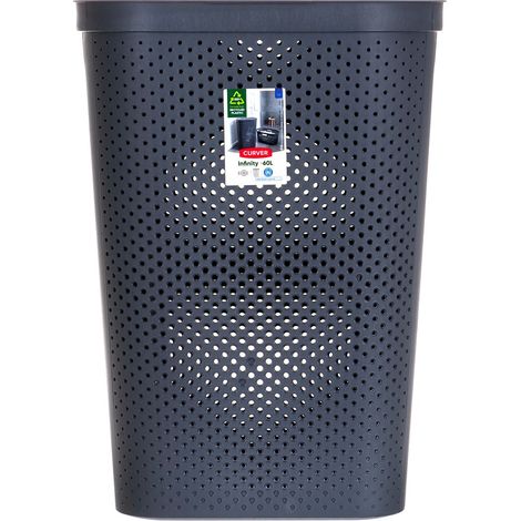 Panier à linge en plastique recyclé gris 60L – Dimensions 44x35x60 cm – Couvercle avec trous d'aération – Poignées intégrées pour transport facile – Qfplus