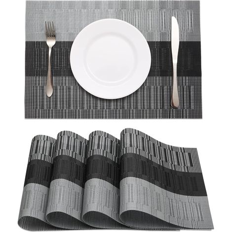 Schwarze Tischsets, 4er-Set, hitzebeständig, waschbar, rutschfest, gewebtes Vinyl, Tischsets für Küche, Esstisch, Dekoration für drinnen und draußen