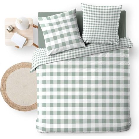 Parure de Lit 100% Coton – Housse de Couette et Taie d’Oreiller – Fermeture Pressions Discrètes – Victoire – Certifiée Oeko-TEX - 260x240cm - Sauge