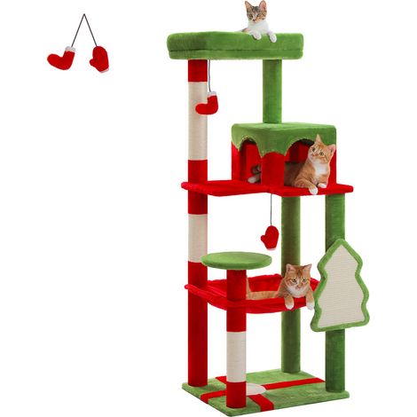 PAWZ Road Arbre à Chat en Bois, Tour de Chat Moderne, avec Griffoirs Sisal, Condo Confortable et Grand Hamac, 143cm, Rouge Noël (1/5)