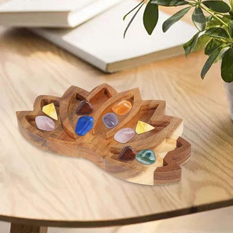 Plateau en bois en forme de lotus pour cristaux et pierres, étagère de rangement et d'exposition pour la maison, la chambre, le salon ou le bureau. (1/4)
