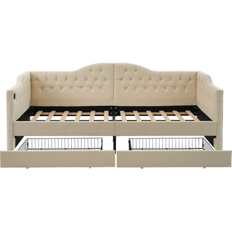 Lit rembourré, canapé-lit, cadre de lit de rangement avec chargeur USB Type C et 2 tiroirs(sans matelas)-90x200 cm (1/5)