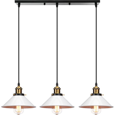 Lampada a Sospensione, 3 Fili Lampadario da Soffitto con Ø22cm Paralume in Ferro, Illuminazione in Industriale Stile con Bronzo Edison E27 per Cucina Isaland Camera da Letto (Bianco) (1/5)