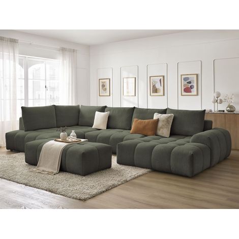 BOBOCHIC - Canapé panoramique convertible coffre EVEREST tissu chiné avec pouf Angle droit Vert (1/5)