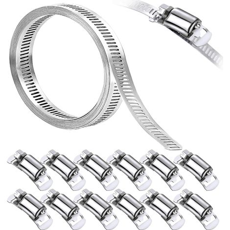 Collier de Serrage Métallique Large, 4M Collier à Vis Sans Fin en Acier Inox avec 12 Attaches Pour Fixez les Tuyaux, les Tuyaux de Carburant, etc. (1/5)