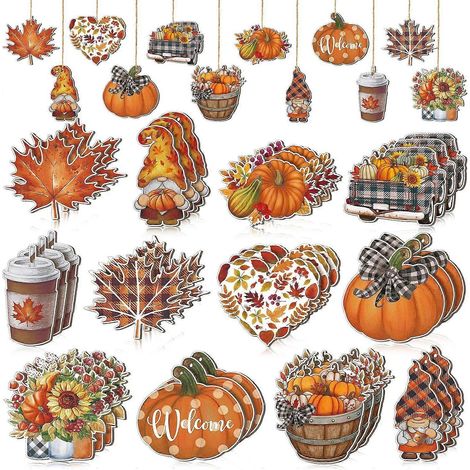 36-teiliges Herbst-Baumschmuck-Set mit Thanksgiving-Gnomen, Holzanhängern, Kürbissen, Blättern und Blumen (Herbstdekorationen) (1/5)