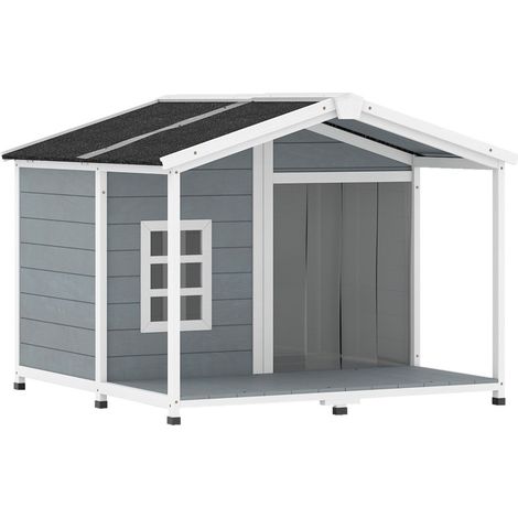 Niche pour chien extérieure surélevée en bois gris, toit bitumé étanche, terrasse et fenêtre, pour chien moyen jusqu’à 20 kg, 103 x 107 x 83,5 cm  CHICFURN (1/5)