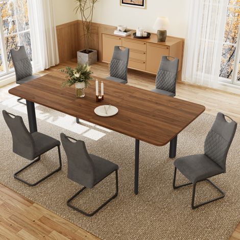 HIPIHOM Ausziehbares Tischset, 160–200 cm Küchentisch mit 2 cm dicker Platte für Esszimmer oder Heimbüro (Walnussfarbener Tisch, 6 Stühle, Stoff, Grau)
