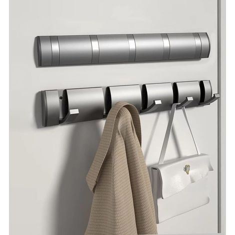 Robusto appendiabiti da parete in alluminio con 5 ganci retrattili per appendere vestiti, cappelli, borse e chiavi – Grigio (1/4)