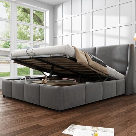 Cama tapizada 140/190 cm gris de terciopelo con arcón hidráulico (1/5)