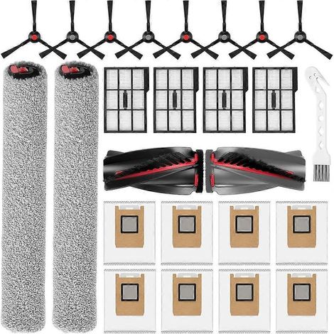 Pièces de rechange compatibles avec les aspirateurs robots Eufy Omni E25/E28, comprenant un ensemble de brosses rotatives, de balais à franges, de filtres, de sacs à poussière et de brosses latérales. (1/5)