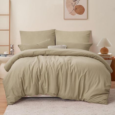 Bettwäsche 200x200 3-teilig Mikrofaser Taupe mit Reißverschluss und Bändchen