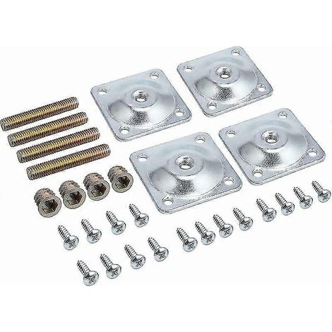 Un ensemble de quatre platines de fixation métalliques pour pieds de meubles, mesurant 49 x 49 x 2 mm, est fourni avec des vis M3,5 et M8, adaptées à la fixation de pieds sur des panneaux, des tables (1/5)