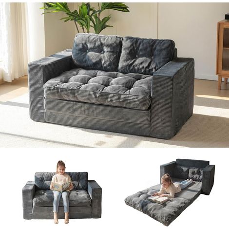 Canape-lit 2 en 1 convertible 2 place - fauteuil canapé-lit pliant modulaire en velours côtelé avec accoudoirs et coussin - canapé compressé compact pour salon ou chambre - 227 x 143 x 62cm - gris