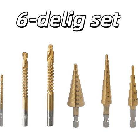 Coffret de 6 pièces outils de perçage résistants à l'usure métriques 3 mèches de scie et 3 forets étagés couleur or (1/5)