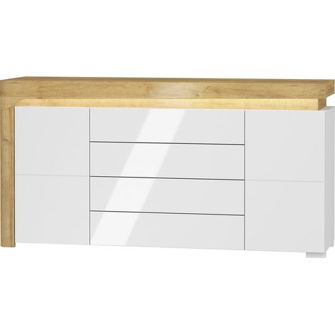 Buffet 2 portes 4 tiroirs LED inclus Teo Blanc et Bois (1/4)