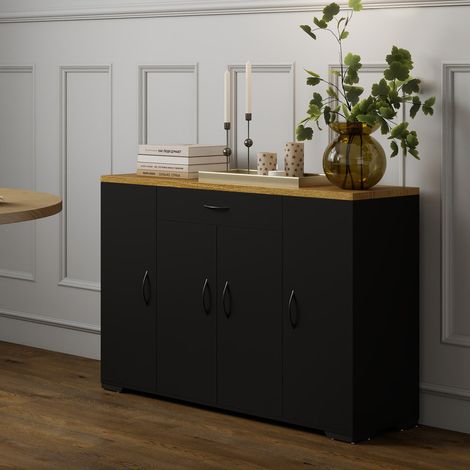 Multifunktionales Aufbewahrungsmöbel mit Ablageflächen, Türen und Schublade für Küche, Wohnzimmer und Schlafzimmer, Schwarz, Tischplatte Eichenoptik