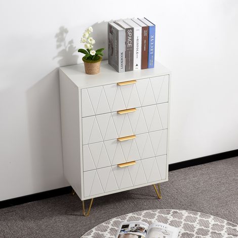 Kommode mit 4 Schubladen, weiß, 60 x 34 x 90 cm – goldene V-Füße – sturzsicher – für Schlafzimmer, Wohnzimmer, Flur – Diamantmuster