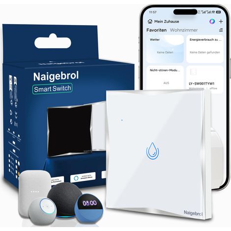 Interrupteur WiFi intelligent 123 40 A pour chauffe-eau, interrupteur tactile mural avec conducteur neutre, verre trempé blanc avec cadre argenté, 230 V (1/5)