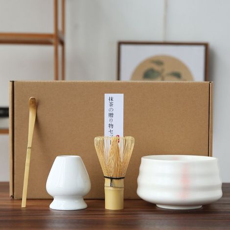 Service à thé matcha japonais - Service à matcha - Fouet à matcha - Service à thé matcha - Ensemble en céramique de 4 pièces - Dégradé rose et blanc (1/5)