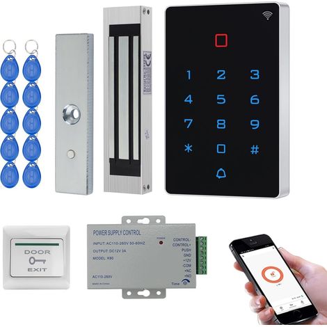 Kit contrôle d’accès WiFi RFID – Clavier à Code Tactile rétroéclairé IP68, Ventouse électromagnétique 180KG (400LBS) NC Fail Safe, Alimentation DC12V, Bouton de Sortie + 10 Badges RFID 125kHz (1/5)