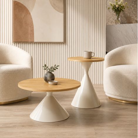 Set aus 2 stapelbaren runden Couchtischen, Holzoptik-Melamin und Metall, Ø 70/50 cm (1/5)