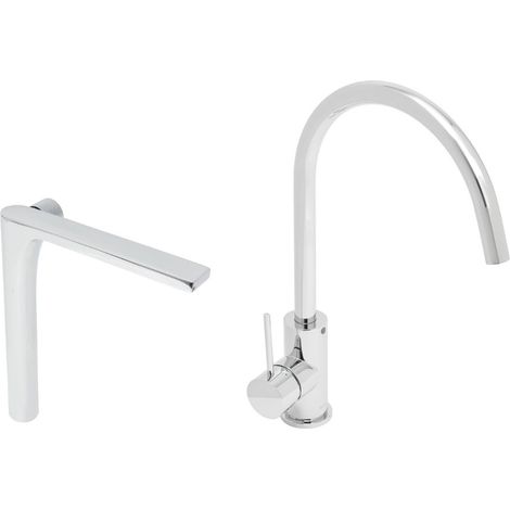 Set miscelatore lavabo alto senza scarico + miscelatore da cucina 36,3 cm con braccio girevole, cromo lucido (SATBSUR0271CR)