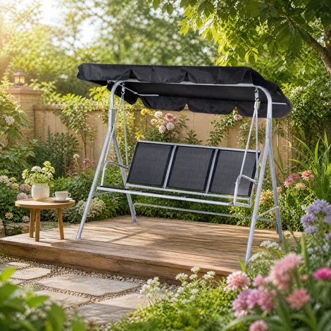 Dondolo da giardino 3 posti con tetto, struttura in metallo, grigio, 171 x 108 x 154 cm DESVIAE (1/5)