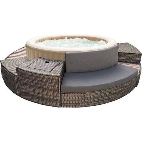 Intex – Spa gonflable rond 4 places – 120 diffuseurs à bulles – Structure FiberTech – Chauffage jusqu'à 40°C – Mobilier en résine tressée inclus