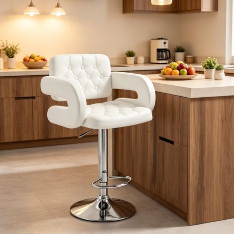 Taburete de bar regulable blanco con reposabrazos y respaldo de metal (1/5)