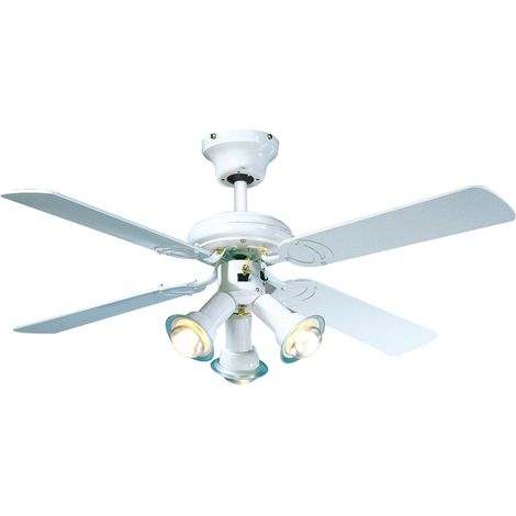 Ventilatore da soffitto 55W Ø107cm – 4 pale in MDF certificato FSC – Selettore a 3 velocità – Reversibile estate/inverno – 3 faretti E27 – Securitegooddeal (1/5)