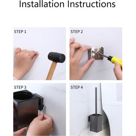 Edelstahl-Toilettenbürste mit Halterung zur Wandmontage, langer Griff, quadratisches Toilettenbürsten-Set, Hochleistungsreiniger für Badezimmer mit abnehmbarer Kunststoffbürste (Schwarz) (1/5)