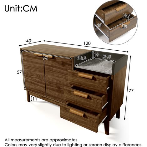 Commode bois chêne pour salon, plateau marbre blanc - Rangement avec étagère ouverte, 3 tiroirs + meuble 2 portes (étagères intérieures ajustables) - Pieds en bois massif, passage robot aspirateur, H7