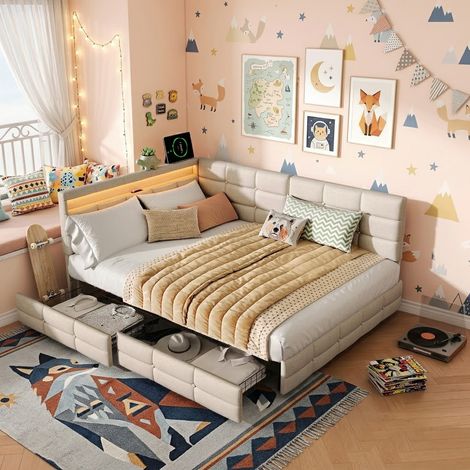 Canapé Lit 140x200 cm avec Éclairage LED et Prise USB, Cadre de Lit double avec Rangement et 2 Tiroirs, Lits 2 Places avec sommier à Lattes en Bois, pour Enfant/Adulte, sans Matelas, Lin, Bege (1/5)