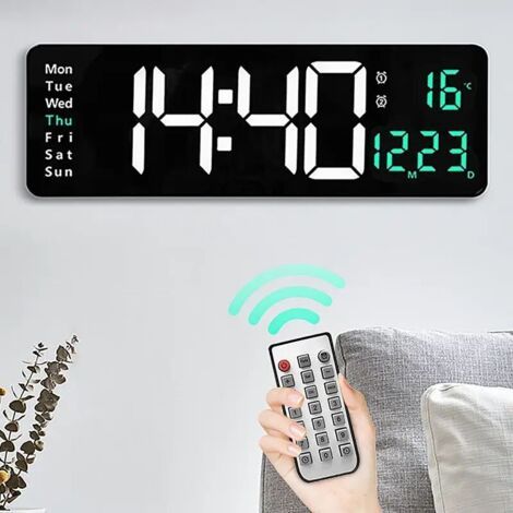 Pair Grande horloge murale numérique avec télécommande, affichage de la température, affichage du jour de la semaine, fonction de sauvegarde en cas de coupure de courant horloge murale de bureau avec (1/4)