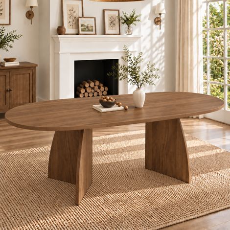 Table de salle à manger extensible 150/200 x 90 cm, idéale pour 6 à 8 personnes, avec angles arrondis et un style épuré, en noyer. (1/5)