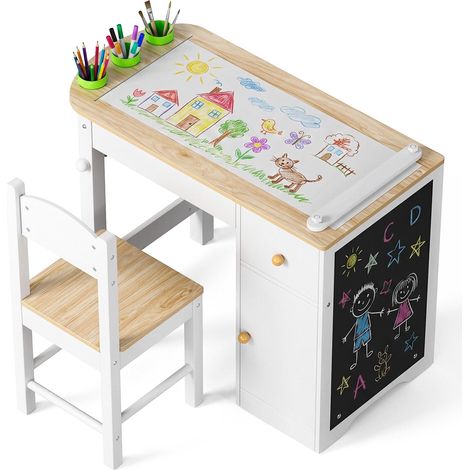Table Enfant avec Chaises, Bureau Enfant avec Rangement, Blanc (1/5)