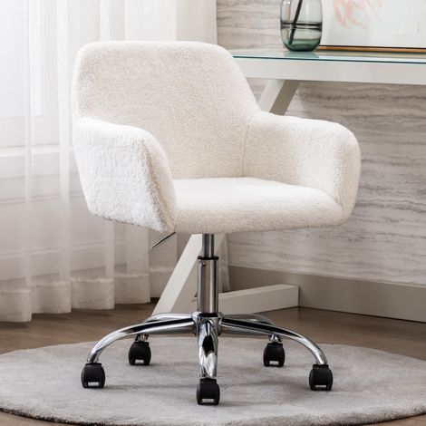 Chaise de bureau home office en fausse fourrure douce, hauteur réglable, pivotante, chaise de maquillage et bureau pour chambre, blanc crème (1/5)