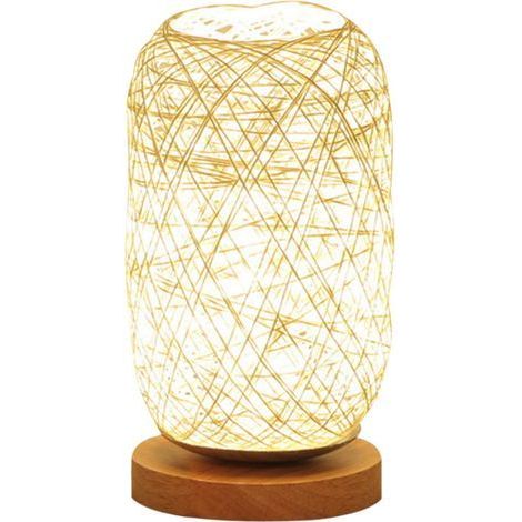 Lampe de Table LED de Chevet Alimenté par USB Veilleuse avec Base en Bois et Abat-jour en Rotin Rustique Lampe de Bureau Réglable en Luminosité Lampe de Chevet pour Chambre à Coucher, Salon- (1/5)